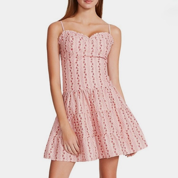 SOLD BETSEY JOHNSON Ditsy Floral Tiered Mini Dress Size XL Pink Cotton Poplin - Picture 2 of 11